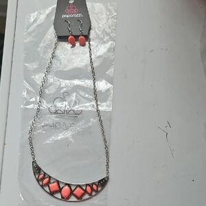 Paparazzi Coral and Silver Geometric Necklace Set